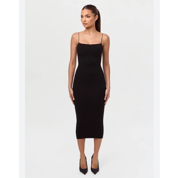 Naked Wardrobe NW Sultry Dress Black Bodycon Midi Dress Square Neck Size L NWT - Picture 5 of 12